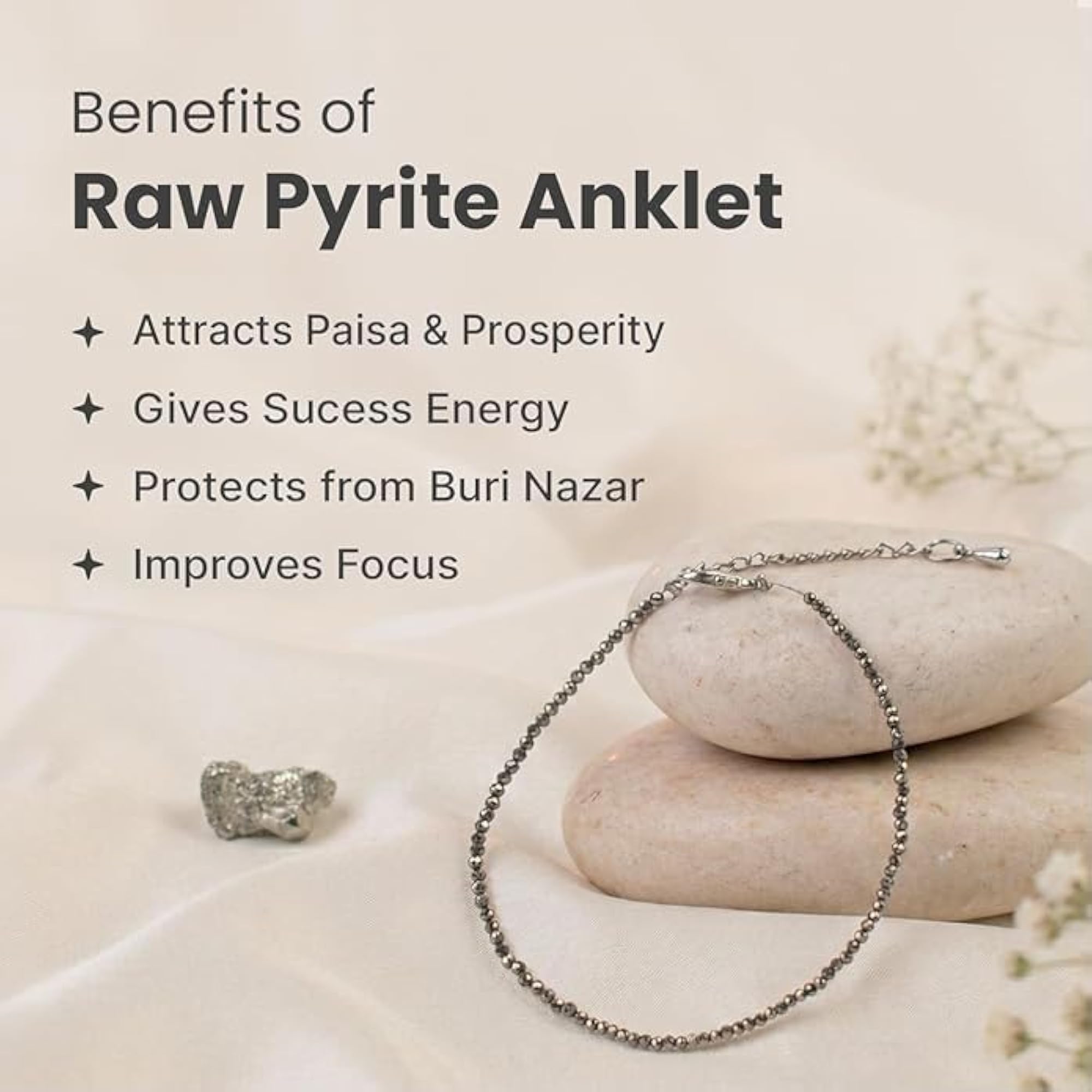 Natural Raw Pyrite Crystal Bead Anklet for Women